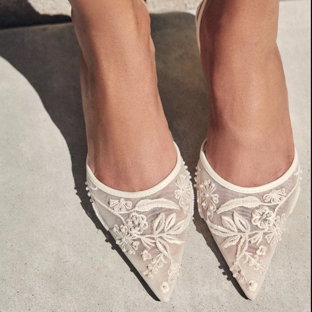 Cream Embroidered Mesh Slingback Heels